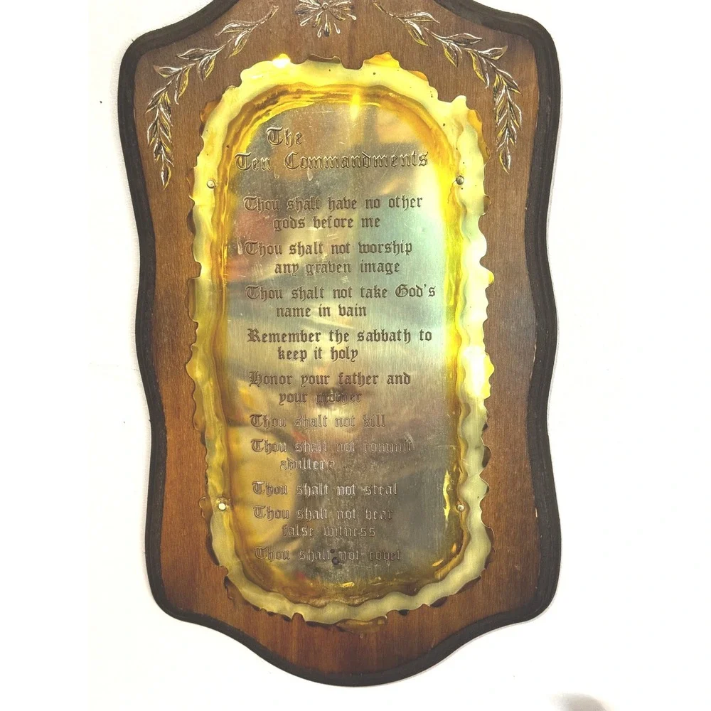 Vintage Ten Commandments Wood Plaque Brass Tone Metal Wall Art Religious Decor